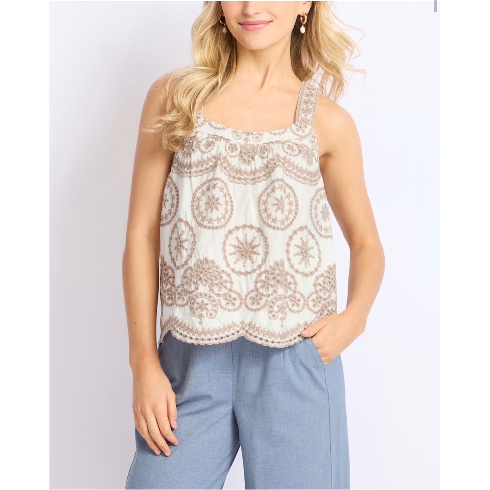 Design History Brady Tank Beige Embroidered Eyelet Scallop Top sz PS $43
